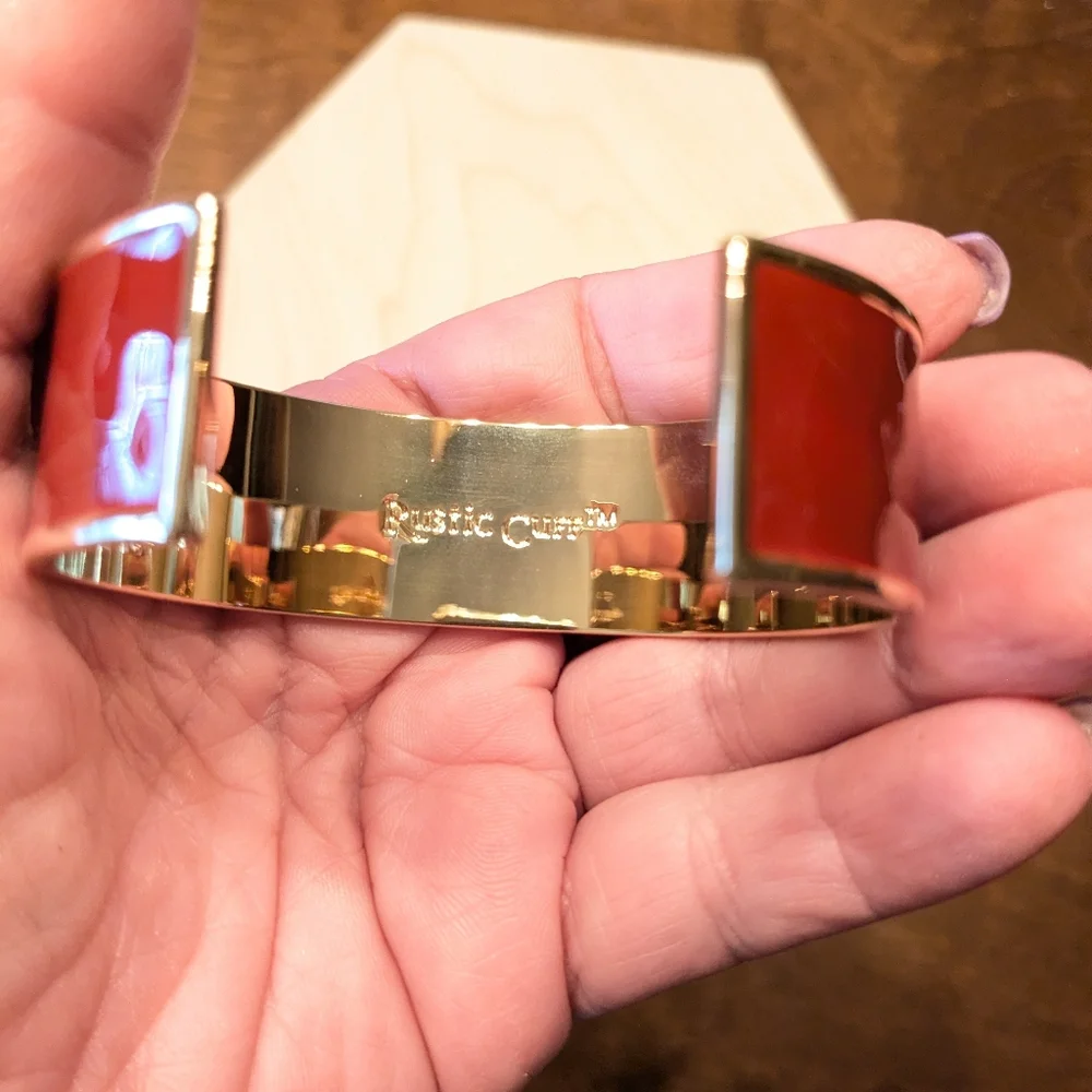 Rustic Cuff Inspirational Gold Tone & Burgundy Enamel Cuff Bracelet